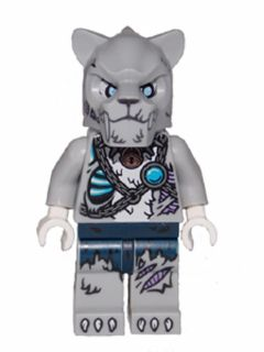 LEGO Minifigure loc111 Sykor, a gray wolf-like figure with blue eyes, ripped tunic showing ribs, and tattered pants.