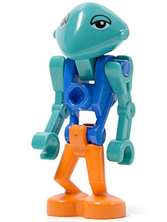 LEGO Minifigure lom018, a Life on Mars Martian with teal head and arms, blue torso, and orange legs, stands facing forward.
