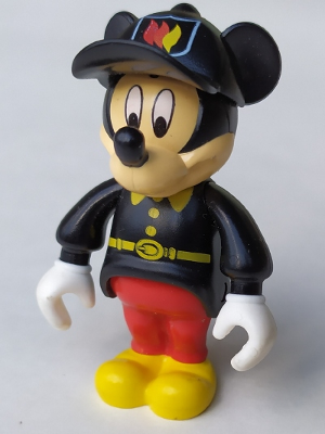 LEGO Minifigure mck003 Mickey Mouse in black fireman uniform, red pants, and cap with flame emblem.