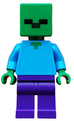 LEGO Minifigure min010 Zombie with green head, light blue shirt, green hands, and dark purple legs.