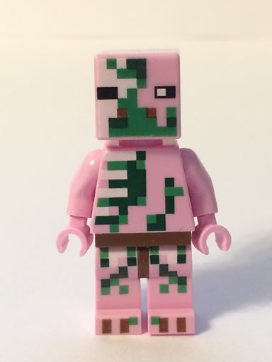 Pink LEGO Zombie Pigman minifigure with green pixelated details on its head, torso, and legs, and a brown belt.