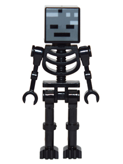 LEGO Minifigure of a Wither Skeleton, all black with a grey and black pixelated square head featuring an angry face.