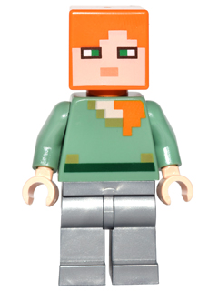 A LEGO Minecraft minifigure of Alex, featuring an orange pixelated head, green top with brown/orange details, and flat silver legs.