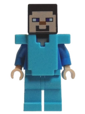 LEGO Minifigure min042 Steve with dark hair, pixelated face, blue sleeves, light nougat hands, and medium azure diamond armor and legs.