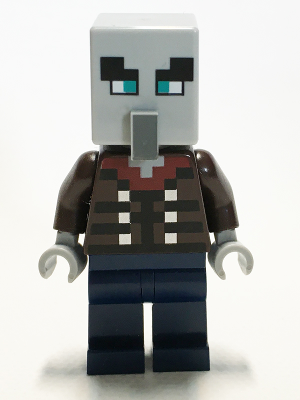 LEGO Minifigure min078, an Illager (Vindicator) with wide teal eyes, dark brown pixelated jacket, and dark blue legs.