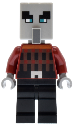 LEGO Minifigure min195, Illager (Pillager) with narrow blue eyes, light grey head, patterned dark red and brown torso, and black legs.