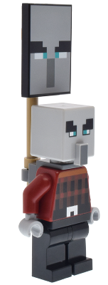 LEGO Minifigure min196 Illager (Pillager) with an Ominous Banner attached to its back. Grey head, red checkered shirt, black pants.