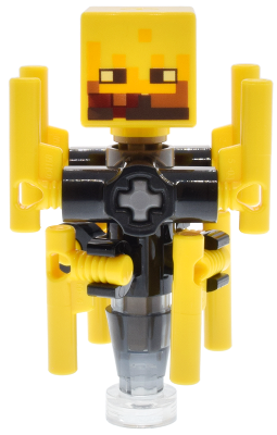 LEGO Minecraft Blaze minifigure (min198) with yellow pixelated head, black body, yellow rods, and a trans-black cone stand.