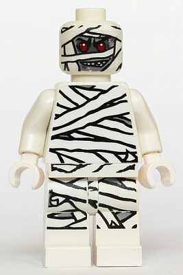 A LEGO Minifigure of a mummy, wrapped in white, black, and grey bandages, with a menacing face and red eyes.