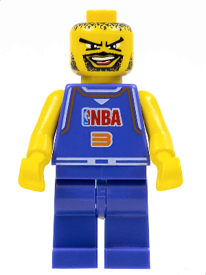 LEGO NBA Player minifigure, yellow head with beard and smile, blue jersey with 'NBA' logo and number 3, yellow arms, blue legs.
