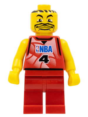 LEGO Minifigure nba044a, NBA Player number 4, yellow head, black hair and mustache, red NBA jersey, red non-spring legs.