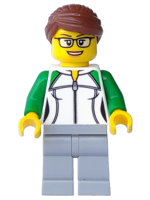 Female LEGO minifigure, Newsstand Worker, wearing a white and green zippered sweatshirt, light bluish gray legs, reddish brown hair bun, and glasses.