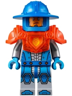 LEGO Minifigure nex074 Royal Soldier with blue helmet, broad brim, trans-neon orange armor, lion emblem, and blue/silver uniform.