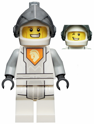 LEGO Minifigure nex082 Lance Richmond in white Battle Suit with flat silver visor, horse emblem, showing angry and winking faces.
