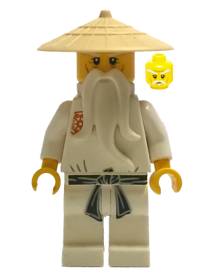 LEGO Minifigure Sensei Wu (njo0002) in white gi, black belt, long white beard, tan hat, and spare angry yellow head.