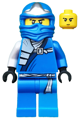 LEGO Minifigure Jay ZX in blue ninja outfit with silver headpiece, white arms, and two yellow heads, one angry and one solemn.