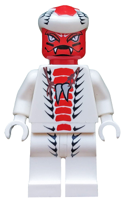 White LEGO Snappa minifigure with red face, white cobra headpiece, black ribcage and spine print, and large grey tooth accessory.
