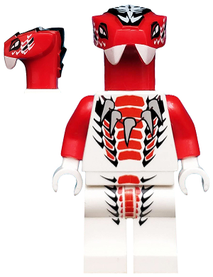 LEGO Minifigure Fang-Suei njo0036, red and white snake character with elaborate scale patterns and white fangs.