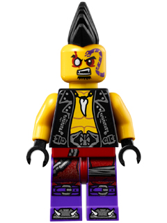 LEGO Minifigure njo0134 Eyezor with black mohawk, snake tattoo, black studded vest, and dark purple legs.