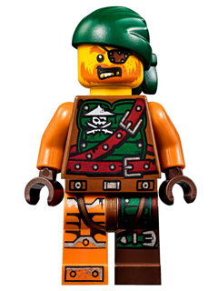LEGO Minifigure njo0196 Bucko with green bandana, orange face with eye-patch, brown and green pirate vest, and split-color legs.