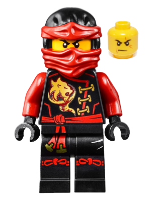 LEGO Ninjago Minifigure Kai in a black and red ninja suit with a golden dragon design. Features a red mask and two angry face options.