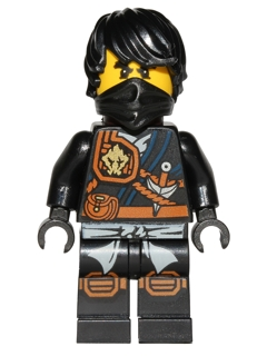 LEGO Minifigure Cole (njo0202) in black outfit with black hair, mask, pirate-style top with orange bag, anchor, and black legs with orange knee pads.
