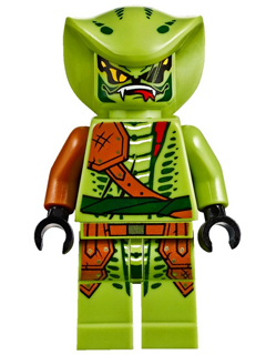 LEGO Lasha Rebooted Serpentine snake scout minifigure, lime green with dark orange armor and cobra hood.