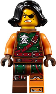 LEGO Minifigure Cyren with black hair, eyepatch, and angry expression, wearing a brown and green belt outfit with a pirate skull logo.