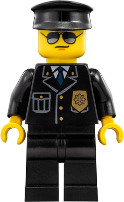 LEGO Minifigure njo0234 Prison Guard in black uniform, cap, sunglasses, mustache, and gold badge.