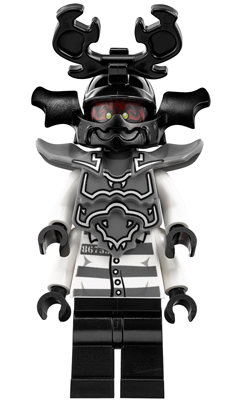 LEGO Minifigure njo0235 Stone Army Warrior with black antler helmet, red face, grey armor, and striped prison uniform.