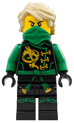 LEGO Ninjago Lloyd Skybound minifigure with blonde hair, green mask, black suit with gold dragon and green accents.