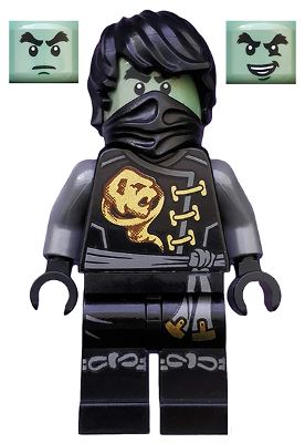LEGO Minifigure njo0242 Cole Skybound ghost with black hair, face mask, black ninja suit with gold snake, and two alternate expressions.