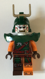 LEGO minifigure njo0243 Doubloon - Armor with dark green helmet, white face, orange arms, and split dark brown/orange legs.