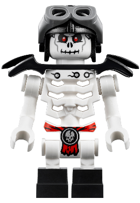 LEGO Minifigure njo0244 Frakjaw, a white skeleton with red eyes, black aviator cap, grey goggles, black shoulder pads, and red sash.