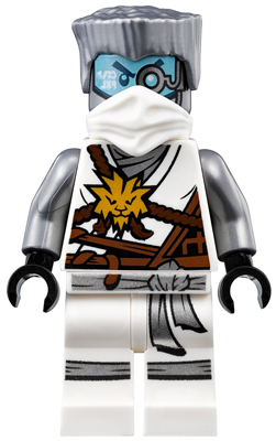 LEGO Zane njo0266 (Honor Robe) Day of the Departed minifigure, grey hair, white mask, robotic blue face, golden lion.