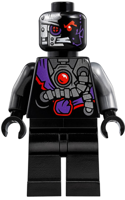 LEGO Nindroid (njo0267) minifigure with black body, silver robotic face, purple and red chest details, silver arm.