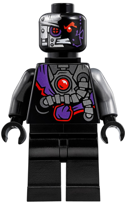 LEGO Nindroid minifigure (njo0268) with a split robotic and evil face, black and grey torso detailing, and mismatched arms.
