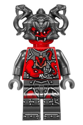 LEGO Minifigure Tannin with red head, dark grey snake-themed helmet, and dark grey armor with red snake patterns.