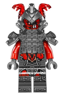 LEGO Minifigure njo0296 Vermin, dark grey samurai armor, red face with fangs, red arms, and red snake horns.