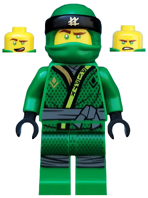 LEGO Minifigure njo0401 Lloyd in a green ninja outfit with black and gold details, green hood, and two interchangeable yellow faces.