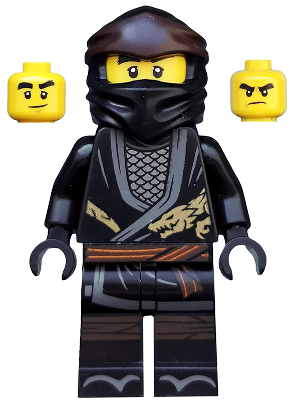 LEGO Minifigure njo0493 Cole Legacy: black ninja suit, dark brown hood, mask, gold dragon torso print, and two yellow heads.