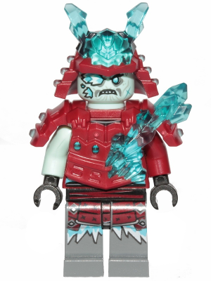 LEGO njo0518 Blizzard Warrior minifigure in red samurai armor with ice shards, pale face, and holding an ice weapon.