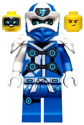 LEGO Minifigure njo0563 Digi Jay with blue and white armor, shoulder armor, and two alternate head prints.