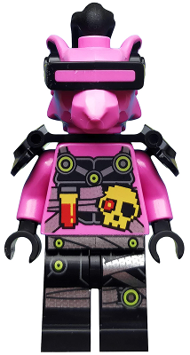 LEGO Minifigure Richie (njo0564) with pink head, black VR headset, black shoulder armor, pixel skull, and potion vial print.
