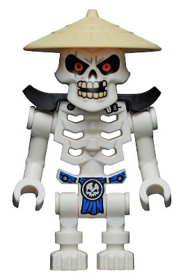 White LEGO Wyplash skeleton minifigure with tan conical hat, red eyes, black shoulder pads, and blue skull sash.