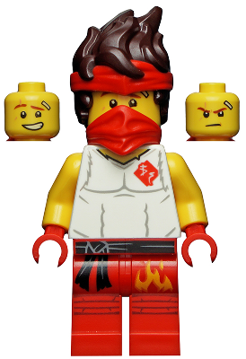 LEGO Minifigure njo0643 Kai Legacy in white shirt with red bandana, red legs with flames, and two alternate head expressions.