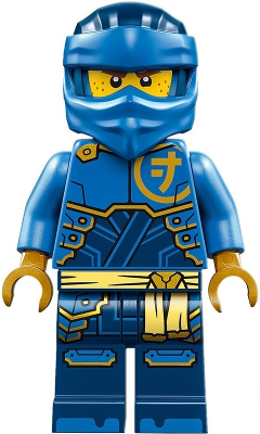 LEGO Minifigure of Jay from Dragons Rising, wearing a detailed blue ninja outfit with gold accents and a blue head wrap.