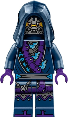 LEGO Minifigure njo0854 Wolf Mask Guard: dark blue hooded figure with grey wolf mask, yellow eyes, and ornate blue-purple outfit.