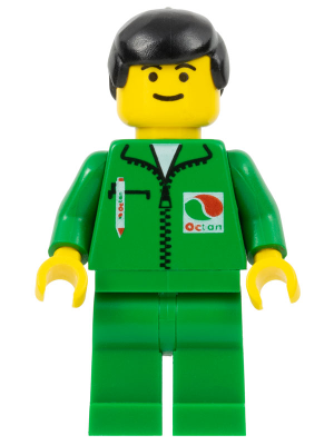 LEGO Minifigure with black hair, yellow head, green Octan uniform with logo and pen on jacket, green legs.