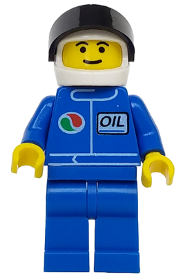 LEGO minifigure Octan Oct022 with blue uniform, 'OIL' and Octan logos, white helmet, black visor, and yellow hands